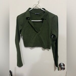 Zara Dark Olive Ribbed V-Neck Cropped Long-Sleeve Top